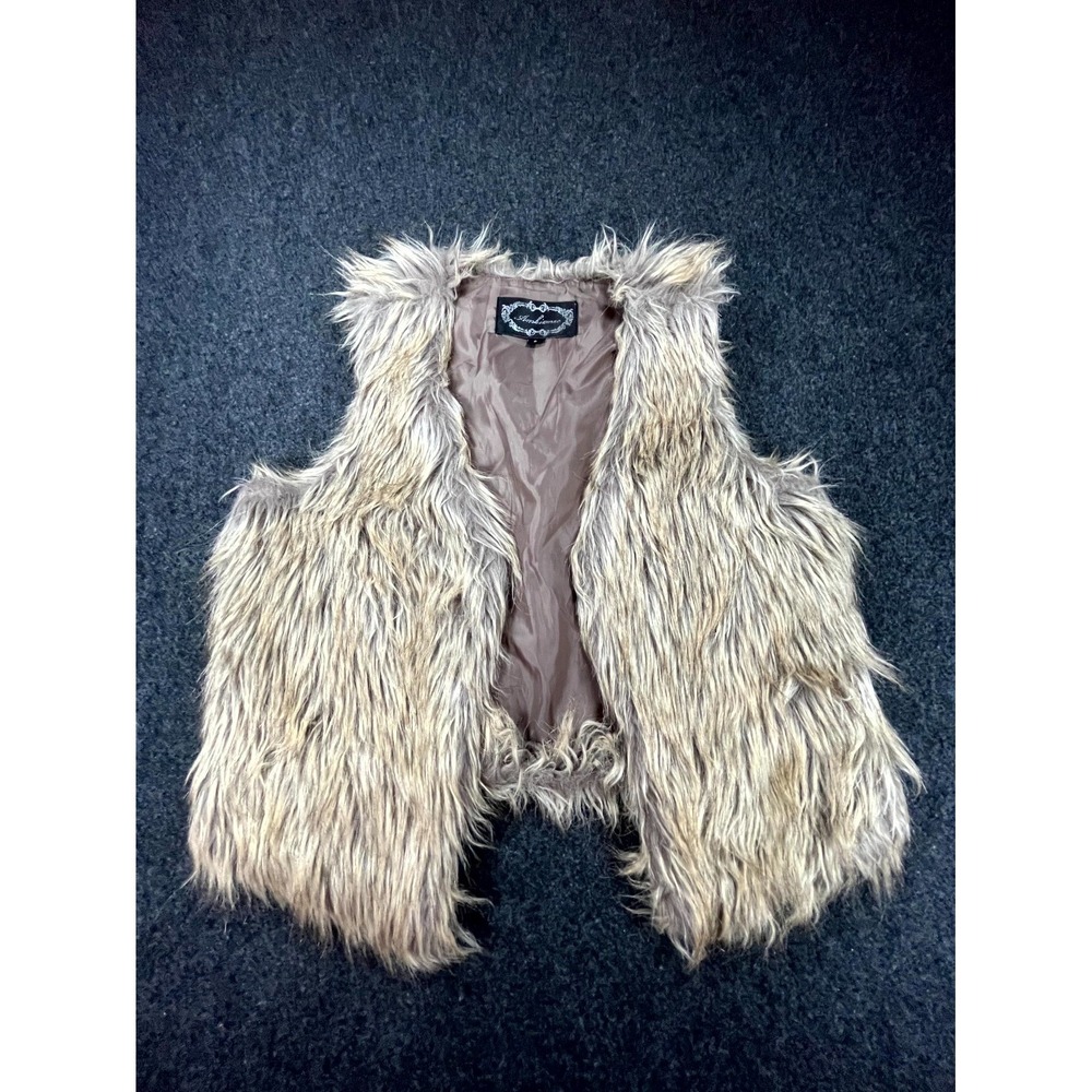 Ambiance Faux Fur Shaggy Vest Womens Small Beige Taupe Open Front Boho Festival